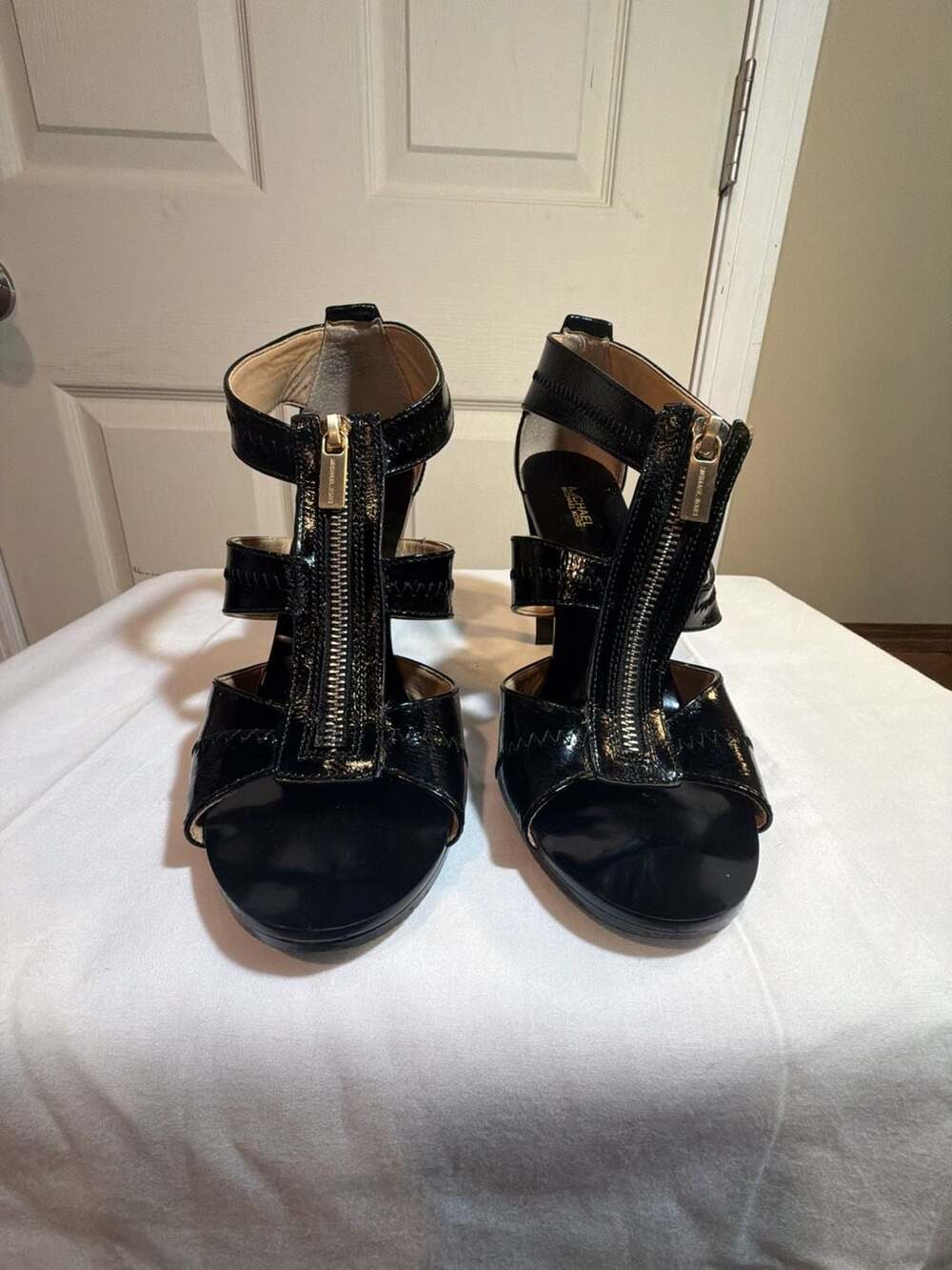 MICHAEL Michael Kors Berkley Heels Black Patent Leather Zip Front